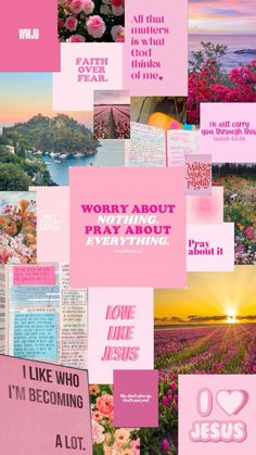 pink and purple collage with words, flowers, and pictures on it's side