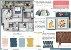 an interior design board with different colors and furniture