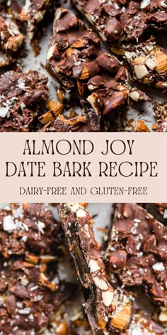 almond joy date bark recipe with text overlay