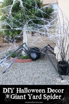 an outdoor halloween decoration with spider webs on it and potted plants in the background