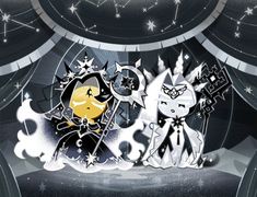 two cartoon characters standing next to each other in front of a black and white background