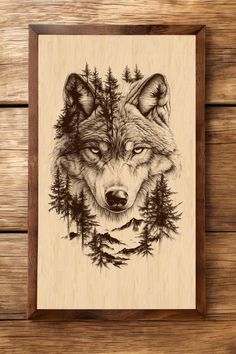 a wood stamp with an image of a wolf in the woods