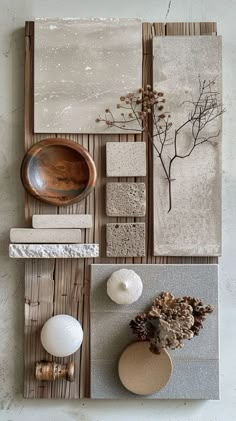 an assortment of ceramic and wood items on display