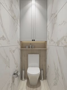 a white toilet sitting inside of a bathroom next to a wall mounted cabinet and mirror