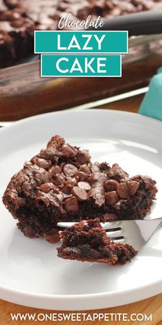 a piece of chocolate lazy cake on a white plate with a fork in front of it