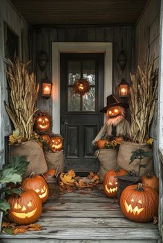 two scarecrows sitting on the steps with pumpkins