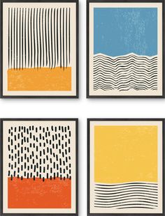 four framed art prints with different colors and patterns