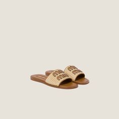 Leather Lettering, Miu Miu Style, Miu Miu Sandals, Fabric Sandals, Summer Slides, Raffia Sandals, Latest Sandal, Summer Slide