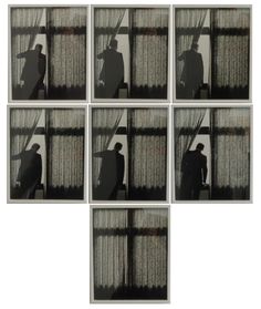 six black and white photographs of people standing in front of windows with curtains behind them