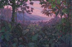 a painting of tropical plants and trees with mountains in the backgrouds behind them