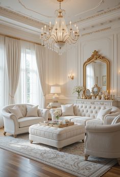 an elegant living room with white furniture and chandelier