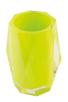 a yellow vase with a diamond cut design on the front and sides, set against a white background