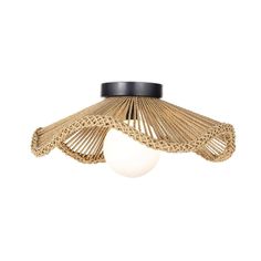 the ceiling light is made out of woven material and has a white ball hanging from it