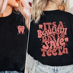 Welcome To My Store (*o▽o*) Have A Nice Day And A Wonderful Shopping Experience! its A Beautiful Day To Save Teeth Shirt, Custom Dental Shirt, Dental Assistant TShirt, Dental Hygienist Tee ☘ UNISEX T-SHIRT MATERIALS 5.3 oz 100% preshrunk cotton. Sport Grey is 90% cotton, 10% polyester. MORE INFO Seamless collar, taped neck and shoulders. Double-needle sleeve and bottom hems. Quarter-turned to eliminate center crease. PRODUCTION AND SHIPPING ☘ Production: 1-3 business days ☘ US Standard Shipping: Dental Assistant Shirt Ideas, Dental Hygiene Shirt, Dental Hygienist Graduation, Dental Lab Technician, Dental Shirt, Dental Assistant Shirts, Its A Beautiful Day, Dental Shirts, Dental Gifts