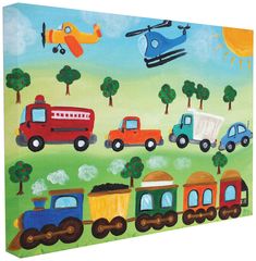 a painting of cars and trucks on a green field with trees in the background is an airplane