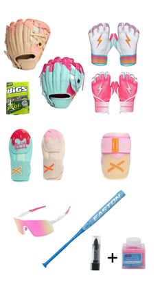 various sports equipment including gloves, sunglasses and toothbrush