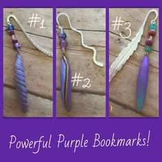 three pictures of purple beads and feathers with the words powerful purple bookmarks written below