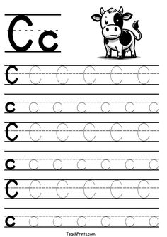 the letter c is for cow worksheet with an image of a cow on it