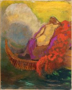 a painting of a woman in a boat with flowers on the bottom and clouds above