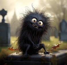 a furry black creature sitting on top of a grave with eyes wide open and hair blowing in the wind