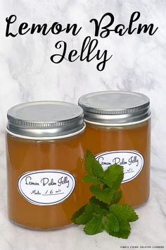 two jars of lemon balm jelly with mint leaves