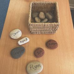 some rocks are sitting on a table next to a basket full of rocks that say do or don't