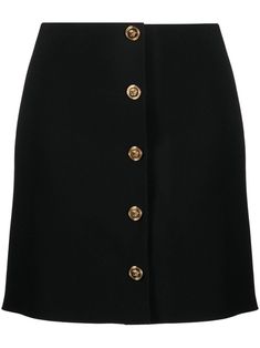 black crepe texture signature Medusa Head buttons front press-stud fastening A-line signature La Greca lining thigh-high Versace Skirt, Satin Mini Skirt, Medusa Head, Latest Fashion Design, A Line Mini Skirt, Cape Coat, Malene Birger, Pant Shirt, Jeans Dress