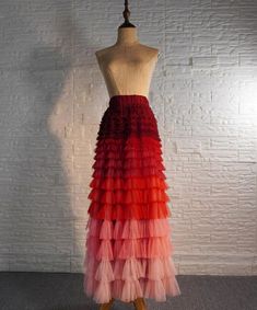 Red Maxi Tiered Tulle Skirt Layered Tulle Maxi Skirt Wedding Bridesmaid Tulle Skirt Custom Plus Size Holiday Outfit · Dressromantic Fashion · Online Store Powered by Storenvy Custom Tulle Skirt, Bridesmaid Tulle, Pleated Tulle Skirt, Tulle Skirts Outfit, Bridesmaid Skirts, Tiered Tulle Skirt, Tulle Long Skirt, Red Gradient, Pleated Tulle