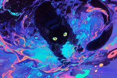 a black cat with glowing yellow eyes is surrounded by blue, pink and purple swirls