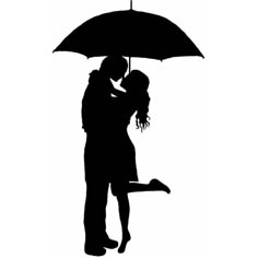 a couple kissing under an umbrella in the rain, silhouetted against a white background