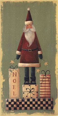 a christmas card with a santa clause standing on blocks and presents in front of it