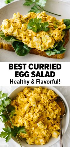 egg salad on toasted bread with parsley and cilantro