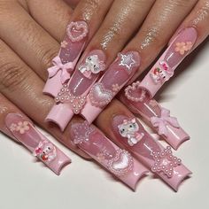 Signature Nails, Winter Nails Design, Practice Nails, Hello Kitty Nails Art, Junk Nails, Kitty Nails, Bunny Nails, Colored Acrylic Nails, Hello Kitty Nails