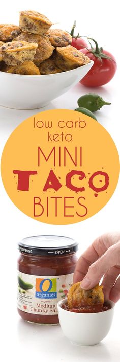 a person dipping some food into a bowl with the words low carb keto mini taco bites