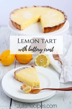 lemon tart with buttery crust on a white plate