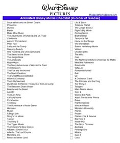 the disney movie checklist is shown in this printable list for movies and shows