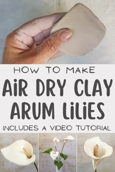 how to make air dry clay arm lilies with pictures and text overlay that says, how to make air dry clay arm lilies