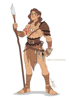 an image of a man dressed as a caveman holding a spear and wearing a brown outfit