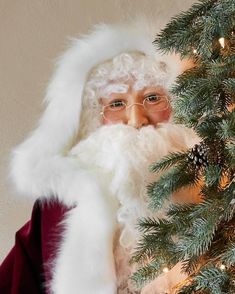 a man dressed as santa claus peeking out from behind a christmas tree