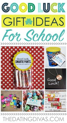 the good luck gift ideas for school is featured in this collage with images of items and