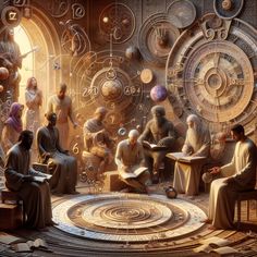 a group of people sitting around each other in front of a clock with many faces on it