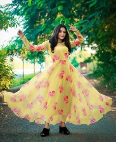 Floral Long Frocks Indian, Ethnic Gowns, Women Gown, Islamic Thoughts, Sharara Designs, Ethnic Gown, Frock Fashion