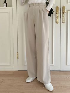 Apricot Elegant   Polyester Plain Wide Leg Embellished Slight Stretch Spring/Summer/Fall Women Bottoms Modest Outfits Pants, Comfy Trendy Outfits, Drag Art, Hijabi Fits, College List, Women Suits, Women Bottoms, Wide Trousers, Comfy Tops