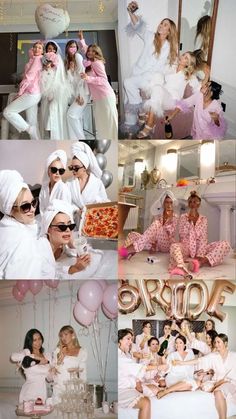 the collage shows people dressed in white and pink outfits, balloons, pizzas, and cake