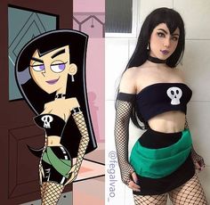 a woman in fishnet stockings is standing next to an image of a cartoon character