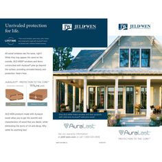 the front and back side of a house with an ad for jeldwen's