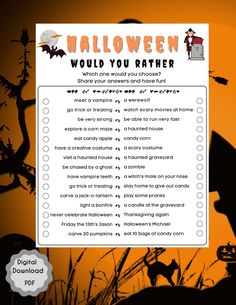 a printable halloween activity for kids to do with their friends and family, including an orange background