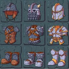 several different types of armor and shoes