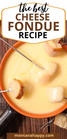 the best cheese fondue recipe in an orange bowl