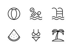 different types of icons are shown in black and white, including the symbols for swimming